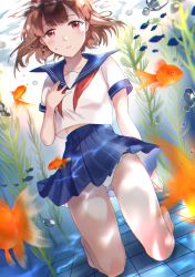 Rule 34 | 1girl, arm at side, bare legs, barefoot, blue sailor collar, blue skirt, brown hair, bubble, collarbone, commentary request, fish, gluteal fold, goldfish, hand on own chest, highres, kneeling, looking at viewer, midriff peek, neckerchief, niwata0, original, panties, pantyshot, parted lips, pleated skirt, red eyes, red neckwear, sailor collar, school uniform, seaweed, serafuku, shirt, short hair, skirt, solo, submerged, thighs, underwear, undone neckerchief, uniform, white panties, white shirt