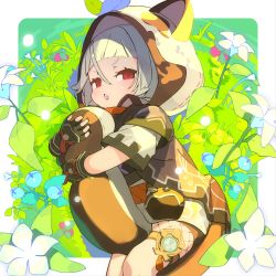Rule 34 | 1girl, absurdres, animal ears, animal hood, annoyed, between legs, bike shorts, black gloves, black scarf, black shorts, blunt bangs, fake animal ears, fake tail, fingerless gloves, flower, genshin impact, gloves, grass, grey hair, hajime (hajime-ill-1st), highres, hood, hug, hugging own tail, hugging tail, japanese clothes, kimono, leaf, leaf on head, looking at viewer, lying, hugging object, on side, open mouth, outdoors, pouch, raccoon tail, red eyes, sayu (genshin impact), scarf, short hair, short kimono, short shorts, short sleeves, shorts, solo, tail, tail between legs, thigh strap, thighs