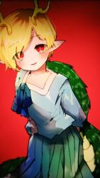 Rule 34 | 1girl, antlers, blonde hair, blue shirt, dragon tail, flat chest, gradient background, green skirt, hair over one eye, horns, kicchou yachie, light smile, maki (osobabouro), parted lips, pointy ears, red background, red eyes, shirt, short hair, simple background, skirt, solo, tail, touhou, turtle shell