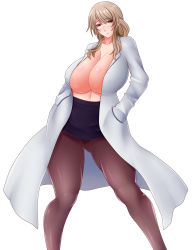 Rule 34 | 1girl, blonde hair, breasts, brown eyes, brown hair, glasses, hands in pockets, huge breasts, lab coat, long hair, looking at viewer, mole, mole on breast, original, pantyhose, saogokushi, simple background, skirt, smile, solo, teacher, thick thighs, thighs, white background, white theme