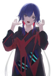 Rule 34 | 1girl, backlighting, black coat, blue eyes, blue hair, blue nails, blue shirt, clothing cutout, coat, collarbone, colored inner hair, commentary request, cowboy shot, diamond earrings, earrings, hair over shoulder, hands up, head tilt, highres, hood, hood down, hooded coat, jewelry, kamitsubaki studio, long hair, long sleeves, looking at viewer, multicolored coat, multicolored eyes, multicolored hair, nekoreito, red coat, red eyes, red hair, rim (kamitsubaki studio), shirt, simple background, smile, solo, two-tone coat, virtual youtuber, white background, wolf cut, yellow pupils