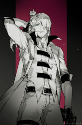 Rule 34 | 1boy, a suka1023, arm up, belt, black gloves, blue eyes, closed mouth, coat, collarbone, dante (devil may cry), devil may cry (series), dual wielding, gloves, greyscale, greyscale with colored background, gun, hair over one eye, hatching, holding, holding gun, holding weapon, male focus, monochrome, sleeves rolled up, smile, solo, standing, turtleneck, weapon