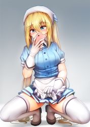 Rule 34 | 1girl, apron, apron hold, black footwear, blend s, blonde hair, blue dress, blue eyes, blush, breasts, camera phone, cellphone, dress, elbow gloves, full body, ginhaha, gloves, gradient background, grey background, hair between eyes, head scarf, hinata kaho, holding, holding phone, long hair, looking at viewer, medium breasts, phone, puffy short sleeves, puffy sleeves, selfie, shoes, short sleeves, smartphone, solo, spread legs, squatting, taking picture, thighhighs, twintails, very long hair, waist apron, white apron, white gloves, white thighhighs, zettai ryouiki
