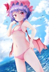 Rule 34 | 1girl, akisha, bad id, bad pixiv id, bat wings, bikini, bird, blue eyes, blue sky, blush, closed mouth, cloud, cloudy sky, day, flat chest, hat, hat ribbon, highres, looking at viewer, mob cap, navel, outdoors, pink bikini, red eyes, red ribbon, remilia scarlet, ribbon, short hair, sky, smile, solo, sparkle, standing, swimsuit, touhou, water, wings