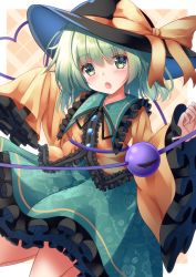 Rule 34 | 1girl, :o, black hat, blush, bow, floppy sleeves, floral print, frilled shirt collar, frilled sleeves, frills, green eyes, green hair, green skirt, hat, heart, highres, komeiji koishi, long sleeves, looking at viewer, open mouth, shirt, skirt, solo, third eye, touhou, unory, wide sleeves, yellow bow, yellow shirt