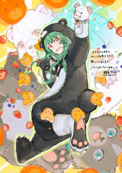 1girl animal_costume animal_hood bear_costume bear_hood green_hair hair_ribbon hand_puppet kuma_kuma_kuma_bear puppet red_eyes ribbon yuna_(kuma_kuma_kuma_bear)