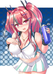 Rule 34 | 1girl, azur lane, bare shoulders, blue sky, blurry, blurry background, blush, bottle, breasts, bremerton (azur lane), bremerton (scorching-hot training) (azur lane), chain-link fence, cleavage, cloud, collarbone, collared shirt, commentary request, covered erect nipples, cowboy shot, crop top, crop top overhang, fence, green skirt, grey hair, groin, hair between eyes, hair intakes, hair ornament, hairclip, hand on own chest, heart, heart necklace, holding, holding bottle, impossible clothes, impossible shirt, jewelry, large breasts, long hair, looking at viewer, midriff, multicolored hair, navel, necklace, no mole, nose blush, open mouth, pink eyes, pink hair, shirt, sidelocks, skirt, sky, sleeveless, sleeveless shirt, solo, sportswear, standing, streaked hair, sweat, tennis uniform, tokyo yamane, twintails, two-tone hair, two-tone shirt, two-tone skirt, water bottle, white shirt, white skirt, wristband, x hair ornament