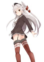 Rule 34 | 10s, 1girl, akiha (attract), amatsukaze (kancolle), ass, bad id, bad twitter id, brown eyes, brown shirt, dress, flat ass, garter straps, gloves, hair tubes, kantai collection, long hair, looking at viewer, looking back, red thighhighs, sailor collar, sailor dress, school uniform, serafuku, shirt, simple background, single glove, solo, striped clothes, striped thighhighs, thighhighs, twintails, two side up, very long hair, white background, white gloves, white hair, zettai ryouiki