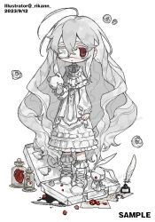 Rule 34 | 1girl, ahoge, artist name, closed mouth, commission, crystal, dated, dress, eyeball, eyepatch, faux figurine, flower, frilled dress, frilled socks, frills, hair between eyes, heart (organ), highres, holding, holding stuffed toy, ink bottle, jaggy lines, jar, letter opener, long hair, long sleeves, looking at viewer, medical eyepatch, one eye covered, original, paper, quill, red eyes, rikann, rose, shoes, simple background, socks, solo, stuffed animal, stuffed rabbit, stuffed toy, teddy bear, very long hair, watermark, white background, white dress, white flower, white footwear, white hair, white rose, white socks, white theme