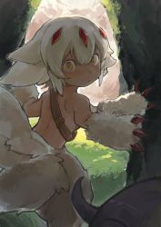 Rule 34 | 1girl, :&lt;, animal ears, back, blunt bangs, body fur, claws, commentary, extra arms, fake horns, faputa, feet out of frame, fewer digits, from behind, grass, hair flaps, helmet, highres, horned helmet, horns, looking at another, looking back, made in abyss, monster girl, moss, multiple tails, out of frame, outdoors, regu (made in abyss), sansanpai, short hair, shoulder belt, shoulder blades, solo focus, standing, tail, white fur, white hair, wide-eyed