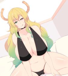 Rule 34 | 1girl, absurdres, arm support, bare legs, bare shoulders, bed, bikini, black bikini, blonde hair, breasts, cameltoe, cleavage, curvy, dragon girl, dragon horns, green hair, heterochromia, highres, horns, huge breasts, kobayashi-san chi no maidragon, licking lips, long hair, looking at viewer, lucoa (maidragon), multicolored hair, on bed, outdoors, sexually suggestive, shiny skin, sitting, solo, sombra222, swimsuit, thighs, thong, thong bikini, tongue, tongue out, very long hair, wide hips