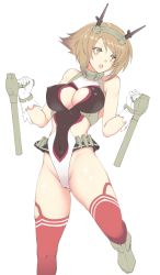 Rule 34 | 10s, 1girl, adapted costume, bad id, bad nijie id, bare shoulders, bodysuit, breasts, brown eyes, brown hair, cameltoe, cleavage, cleavage cutout, clothing cutout, covered erect nipples, covered navel, dual wielding, fighting stance, flipped hair, gloves, groin, halterneck, headgear, highleg, highleg leotard, holding, kantai collection, large breasts, leg lift, leg up, leotard, looking afar, mutsu (kancolle), nakadori (movgnsk), open mouth, red thighhighs, short hair, simple background, skindentation, solo, thighhighs, tonfa, turtleneck, weapon, white background, white gloves