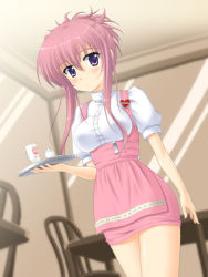 Rule 34 | 00s, 1girl, anna miller, apron, arm at side, badge, blush, breasts, buttons, chair, character name, chikage (sister princess), closed mouth, cup, folded ponytail, hair between eyes, holding, holding tray, indoors, long hair, looking at viewer, masakichi (crossroad), medium breasts, pink apron, pink hair, puffy short sleeves, puffy sleeves, purple eyes, shiny skin, shirt, short sleeves, sidelocks, sister princess, solo, table, tray, underbust, waitress, white shirt