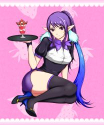 Rule 34 | 00s, 1girl, black thighhighs, blue hair, food, fruit, full body, high heels, judith (tales), lace, long hair, official alternate costume, parfait, pencil skirt, pointy ears, ponytail, purple eyes, purrin, shoes, sidelocks, sitting, skirt, smile, solo, strawberry, tales of (series), tales of vesperia, thighhighs, tray, tri tails, waitress, wrist cuffs