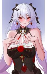 Rule 34 | 1girl, aircell, black dress, blush, border, breasts, dress, earrings, hair between eyes, hair ribbon, highres, honkai (series), honkai impact 3rd, jewelry, long hair, looking at viewer, medium breasts, multicolored clothes, multicolored dress, official alternate costume, red eyes, ribbon, smile, solo, theresa apocalypse, theresa apocalypse (luna kindred), theresa apocalypse (lunar vow: crimson love), upper body, very long hair, white border, white hair
