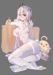 Rule 34 | 1girl, absurdres, ahoge, arm support, ass, azur lane, blush, bow, breasts, cameltoe, cosplay, cv-3 (dejiajia), dress, elbow gloves, feet, foreshortening, formidable (azur lane), frills, gloves, grey hair, highres, large breasts, le malin (azur lane), le malin (azur lane) (cosplay), le malin (listless lapin) (azur lane), long hair, looking at viewer, looking back, nipple slip, nipples, pantyhose, red eyes, revealing clothes, revision, simple background, skindentation, soles, solo, thighs, toes, very long hair, white bow, white pantyhose