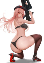 Rule 34 | 1girl, absurdres, ass, assault rifle, beret, black bra, black panties, bra, breasts, brown thighhighs, closed mouth, gibun (sozoshu), gloves, goddess of victory: nikke, gun, hat, high heels, highres, holding, holding gun, holding weapon, large breasts, looking at viewer, military, panties, pink hair, pouch, rapi (nikke), red eyes, rifle, simple background, solo, squatting, thighhighs, thighs, underwear, underwear only, uniform, weapon, white background