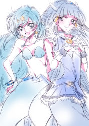 Rule 34 | 00s, 10s, 2girls, aoki reika, blue hair, breasts, color connection, cure beauty, hair ornament, houshou hanon, long hair, mermaid, mermaid melody pichi pichi pitch, monster girl, multiple girls, precure, simple background, smile, smile precure!, star (symbol), star hair ornament, tima, white background