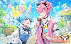 Rule 34 | 1boy, 1girl, absurdres, amusement park, animal ears, artist name, bag, balloon, blue hair, blue sweater vest, bow, bowtie, brown eyes, collar, collared shirt, commission, copyright request, fake animal ears, food, grey eyes, hair between eyes, highres, hongnabya, ice cream, ice cream cone, jewelry, long sleeves, looking at another, necktie, open mouth, outdoors, pink hair, pink sweater vest, ring, shirt, short hair, shoulder bag, sweater vest, upper body, watermark, white shirt
