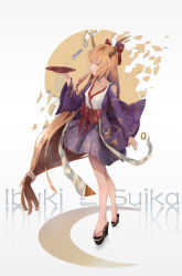 Rule 34 | 1girl, absurdres, alternate costume, artist name, bad id, bad pixiv id, blonde hair, bow, breasts, character name, cleavage, collarbone, crescent, cup, hair bow, highres, horn bow, horn ornament, horns, ibuki suika, jacket, long hair, looking at viewer, low tied hair, pleated skirt, purple jacket, purple skirt, red bow, rotarran, sakazuki, sandals, shattered, skirt, small breasts, solo, touhou, very long hair, waist bow, white background, wide sleeves, wind chime, yellow eyes, zouri