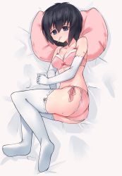 Rule 34 | ass, bad id, bad pixiv id, blush, bow, bow bra, bra, breasts, cleavage, elbow gloves, frown, full body, gloves, lace, lace-trimmed bra, lace-trimmed panties, lace trim, lying, medium breasts, mouth hold, nagami tomoko, on bed, on side, panties, pillow, pink bra, pink panties, ribbon-trimmed legwear, ribbon trim, saki (manga), shinohayu the dawn of age, short hair, side-tie panties, solo, sweat, thighhighs, toothpick, underwear, underwear only, white gloves, white thighhighs, yoi naosuke
