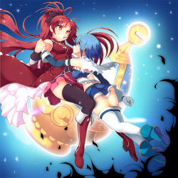 Rule 34 | 10s, 2girls, ass, bare shoulders, black thighhighs, blue eyes, blue hair, boots, cuts, detached sleeves, flying, food, gloves, glowing, grin, hand on own hip, holding hands, hug, injury, koflif, long hair, magical girl, mahou shoujo madoka magica, mahou shoujo madoka magica (anime), miki sayaka, mouth hold, multiple girls, pocky, ponytail, red eyes, red hair, sakura kyoko, short hair, smile, soul gem, tears, thighhighs, white gloves, white thighhighs, zettai ryouiki