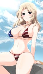 Rule 34 | 1girl, absurdres, aikir (jml5160), american flag bikini, american flag print, arms behind back, bikini, blonde hair, blue eyes, blue sky, blush, breasts, cleavage, closed mouth, cloud, cloudy sky, commentary, day, flag print, girls und panzer, hair intakes, half-closed eyes, highres, kay (girls und panzer), large breasts, light frown, long hair, looking at viewer, navel, outdoors, print bikini, sitting, skindentation, sky, solo, swimsuit