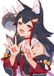 Rule 34 | &gt; &lt;, 1girl, :3, animal ear fluff, animal ears, bell, bird, black hair, black shirt, blush, choker, commentary, crop top, detached sleeves, fang, hair between eyes, hair ornament, hairclip, highres, hololive, izumi sai, japanese clothes, kouhaku nawa, long hair, looking at viewer, miochun, ookami mio, ookami mio (1st costume), open hands, open mouth, red choker, red hair, rope, shimenawa, shirt, simple background, skin fang, smile, upper body, virtual youtuber, white background, wide sleeves, wolf ears, x3, yellow eyes