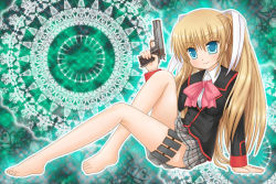Rule 34 | 1girl, arm support, barefoot, blonde hair, blue eyes, bow, feet, gun, kotonoha (pixiv), little busters!, long hair, pink bow, school uniform, solo, thigh strap, tokido saya, twintails, weapon