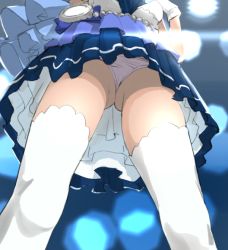 Rule 34 | 10s, 1girl, backlighting, blue skirt, blurry, blurry background, from below, gloves, gluteal fold, idolmaster, idolmaster cinderella girls, idolmaster cinderella girls starlight stage, mirakichi, out of frame, panties, pantyshot, pink panties, pleated skirt, skirt, solo, standing, tada riina, thighhighs, underwear, upskirt, white gloves, white thighhighs