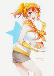 Rule 34 | 10s, 1girl, ;d, alternate hairstyle, artist name, bad id, bad pixiv id, bare shoulders, blush, bow, cake, eating, elbow gloves, food, fork, fringe trim, fruit, gloves, hair bow, hair ornament, happy birthday, holding, holding fork, holding plate, kosaka honoka, lilaccu, looking at viewer, love live!, love live! school idol festival, love live! school idol project, one eye closed, open mouth, plate, polka dot, polka dot scarf, scarf, shirt, shorts, side ponytail, simple background, sleeveless, sleeveless shirt, smile, solo, star (symbol), strawberry, text focus, visor cap, wink