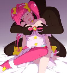 Rule 34 | 1boy, 1girl, ahoge, blanket, blush, choker, closed eyes, cure star, dress, earrings, embarrassed, fate no keshin, flying sweatdrops, grabbing, grabbing another&#039;s breast, hair ornament, heart pouch, highres, hoop earrings, hoshina hikaru, jewelry, long hair, magical girl, nose blush, on bed, open mouth, pink choker, pink dress, pink hair, pink thighhighs, planet hair ornament, precure, single thighhigh, star (symbol), star choker, star color pen, star hair ornament, star twinkle precure, tears, thighhighs, twintails, very long hair, wavy mouth