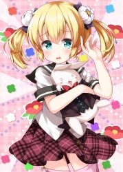 1girl :3 anne_happy black_sailor_collar blonde_hair blush commentary_request cowboy_shot flower green_eyes hair_flower hair_ornament hand_up highres looking_at_viewer o_o open_mouth pink_background pink_thighhighs plaid_background plaid_clothes plaid_skirt red_skirt ruu_(tksymkw) sailor_collar sayama_tsubaki school_uniform serafuku shirt short_hair short_sleeves skirt sweat thighhighs timothy_(anne_happy) twintails white_shirt