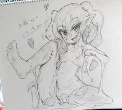 Rule 34 | 1girl, barefoot, blush, breasts, cleft of venus, feet, female focus, heart, marbleslime, monochrome, monster girl, nipples, notebook, nude, open mouth, original, pointy ears, pussy, slime girl, soles, solo, toes, traditional media, twintails