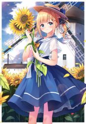 Rule 34 | 1girl, absurdres, blonde hair, blue dress, blue eyes, blush, borrowed character, bow, brown hat, closed mouth, commentary, dress, enuni, field, flower, flower field, hair ornament, hairclip, has bad revision, has cropped revision, hat, highres, holding, holding flower, hoshino sora (enuni), huge filesize, md5 mismatch, original, pleated dress, resolution mismatch, sailor collar, sailor dress, see-through, see-through sleeves, shirt, short sleeves, smile, solo, source smaller, sunflower, sunflower field, symbol-only commentary, twintails, white sailor collar, white shirt, windmill, yellow bow, yellow flower