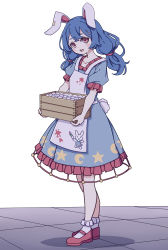 Rule 34 | 1girl, absurdres, animal ears, apron, blue dress, blue hair, blush stickers, crescent print, dress, earclip, frilled sleeves, frills, full body, highres, holding, kame (kamepan44231), long hair, one-hour drawing challenge, open mouth, puffy short sleeves, puffy sleeves, rabbit ears, rabbit tail, red eyes, red footwear, seiran (touhou), shoes, short sleeves, solo, star (symbol), star print, tail, touhou, white apron