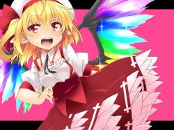 Rule 34 | 1girl, adapted costume, ascot, blonde hair, blush, bow, breasts, collarbone, detached collar, fang, flandre scarlet, frilled shirt, frills, hat, hat bow, hemogurobin a1c, looking at viewer, medium hair, open mouth, pointy ears, puffy short sleeves, puffy sleeves, red bow, red eyes, red skirt, shirt, short sleeves, side ponytail, simple background, skirt, smile, standing, teeth, touhou, white shirt, wings