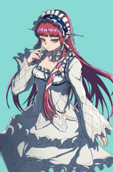 Rule 34 | 1girl, absurdres, aqua background, blunt bangs, breasts, cleavage, closed mouth, collar, detached collar, detached sleeves, dress, feet out of frame, frilled collar, frilled hairband, frilled sleeves, frills, hair ornament, hair ribbon, hairband, hand up, highres, lolita fashion, long hair, looking at viewer, orange eyes, persona, persona 3, red hair, ribbon, s-m-53413, sidelocks, simple background, small breasts, smile, solo, straight hair, white dress, white ribbon, white sleeves, yoshino chidori