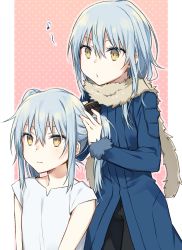 Rule 34 | 2others, blue hair, blush, brushing hair, closed mouth, comb, dual persona, expressionless, fur-trimmed sleeves, fur trim, hair between eyes, hand on another&#039;s head, highres, long hair, long sleeves, mikoto kei, multiple others, musical note, rimuru tempest, scarf, shirt, simple background, tensei shitara slime datta ken, twintails, very long hair, whistling, white shirt, yellow eyes