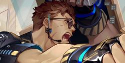 Rule 34 | 1boy, bara, earpiece, facial scar, fingerless gloves, glasses, gloves, highres, male focus, mature male, muscular, muscular male, my eight, open mouth, original, pointing, police, police uniform, policeman, scar, scar on cheek, scar on face, solo, sunglasses, uniform