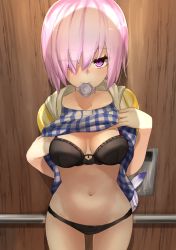 Rule 34 | 1girl, bad id, bad pixiv id, black bra, black panties, bra, breasts, clothes lift, condom, condom in mouth, dress, dress lift, elevator, eyes visible through hair, fate/grand order, fate (series), hair over one eye, looking at viewer, mash kyrielight, mash kyrielight (senpai killer outfit), medium breasts, mouth hold, naughty face, navel, official alternate costume, panties, pink eyes, pink hair, pinky out, pinta (ayashii bochi), short hair, smile, solo, underwear