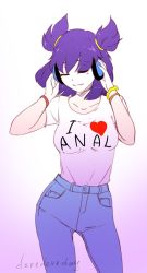Rule 34 | 1girl, breasts, closed eyes, clothes writing, collarbone, cowboy shot, dancing, denim, deredereday, gradient background, hair between eyes, hair ribbon, headphones, holding, iichan.ru, jeans, listening to music, medium breasts, pants, purple background, purple hair, ribbon, shirt, shirt tucked in, simple background, smile, solo, standing, t-shirt, twintails, unyl-chan, white background