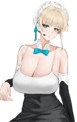 Rule 34 | 1girl, arm warmers, bare shoulders, blonde hair, blue archive, blue bow, blue eyes, blue ribbon, blush, bow, bowtie, breasts, cleavage, collarbone, detached collar, dress, fendai, hair bun, highres, large breasts, looking at viewer, maid, maid headdress, official alternate costume, parted lips, ribbon, short hair, sidelocks, simple background, single hair bun, solo, spaghetti strap, toki (blue archive), upper body, white background
