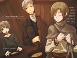 Rule 34 | 1girl, 2boys, ;), ayakura juu, blue eyes, brown hair, bruise, bruise on face, collarbone, craft lawrence, dress shirt, eve bolan, grey hair, highres, holding, indoors, injury, jacket, looking at viewer, multiple boys, novel illustration, official art, one eye closed, open mouth, parted lips, shirt, short hair, sitting, smile, spice and wolf, tote col, white shirt