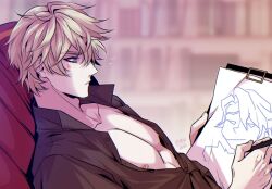 Rule 34 | 1boy, alternate costume, bare pectorals, blonde hair, blue eyes, closed mouth, collarbone, commentary, drawing, english commentary, gepard landau, ginsan, holding, holding pencil, honkai: star rail, honkai (series), male focus, open clothes, pectorals, pencil, sampo koski, sitting, upper body, v-shaped eyebrows