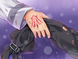 Rule 34 | blood, command spell, fate/grand order, fate (series), fujimaru ritsuka (male), holding hands, kuragari, meltryllis (fate), sleeves past wrists, torn clothes