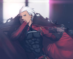 Rule 34 | 1boy, abs, archer (fate), black gloves, blurry, box, covered mouth, covering own mouth, dark-skinned male, dark skin, depth of field, fate/stay night, fate (series), gift, gift box, gloves, grey eyes, hand over own mouth, holding, holding gift, lens flare, long sleeves, looking at viewer, male focus, red eyes, ribbon, sitting, solo, tassel, white hair, yoshimune (b12f)