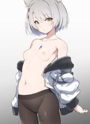 Rule 34 | 1girl, :o, animal ear fluff, animal ears, braid, breasts, cameltoe, cat ears, chest jewel, collarbone, grey hair, highres, jacket, kiikii (kitsukedokoro), looking at viewer, mio (xenoblade), navel, nipples, off shoulder, open clothes, open jacket, pantyhose, short hair, sidelocks, simple background, small breasts, solo, standing, white jacket, xenoblade chronicles (series), xenoblade chronicles 3, yellow eyes