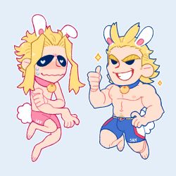 Rule 34 | 2boys, all might, animal ears, blonde hair, blue male underwear, boku no hero academia, boxers, bulge, rabbit ears, rabbit tail, chibi, collar, feraltintinsimp, full body, highres, male focus, male underwear, multiple boys, navel, navel hair, nipples, pectorals, pink male underwear, rabbit boy, short hair, simple background, skinny, smile, tail, thumbs up, underwear, underwear only
