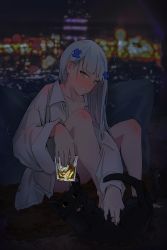 Rule 34 | 1girl, absurdres, alcohol, blunt bangs, blurry, blurry background, blush, cat, cityscape, collarbone, drooling, full body, girls&#039; frontline, glass, green eyes, grin, head tilt, highres, hk416 (girls&#039; frontline), long hair, looking at viewer, naked shirt, panties, pantyshot, parted lips, petting, shirt, silver hair, smile, solo, underwear, very long hair, vincentyl, whiskey, white panties